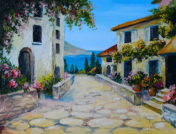 Oil painting on canvas of a beautiful houses near the sea